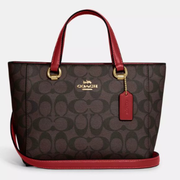 COACH Alice Satchel In Signature Canvas Brown/Red Crossbody Bag - Picture 1 of 5